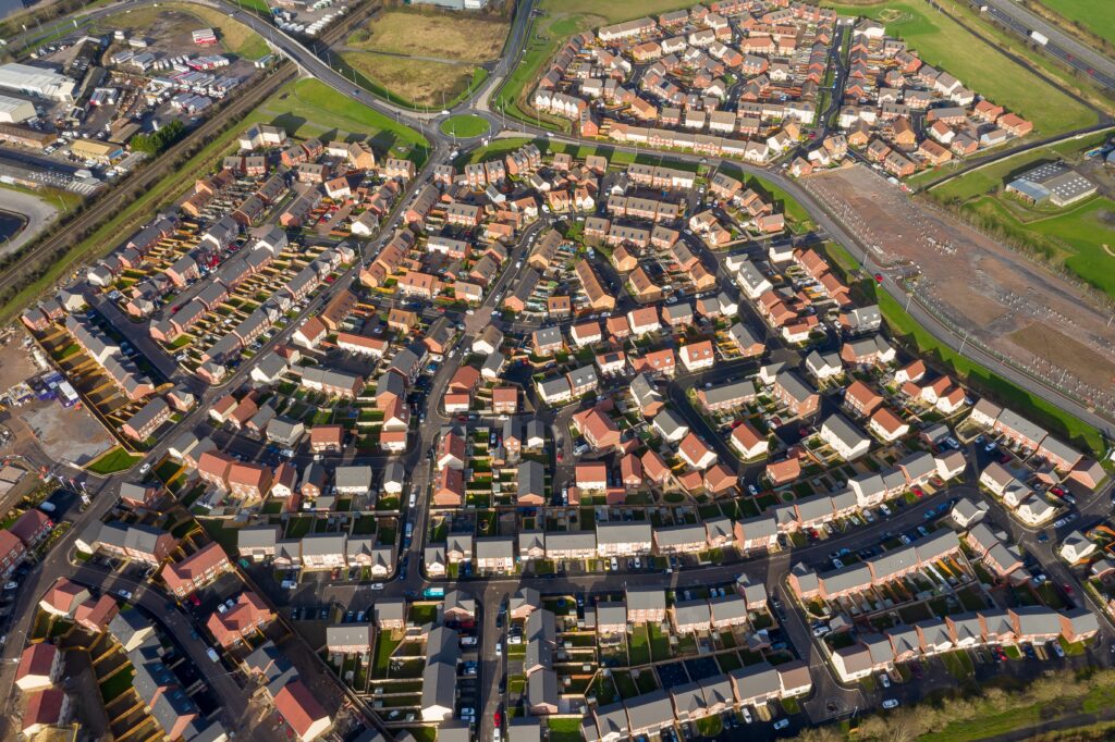 Aerial view of new houses in Bridgwater, Somerset, UK